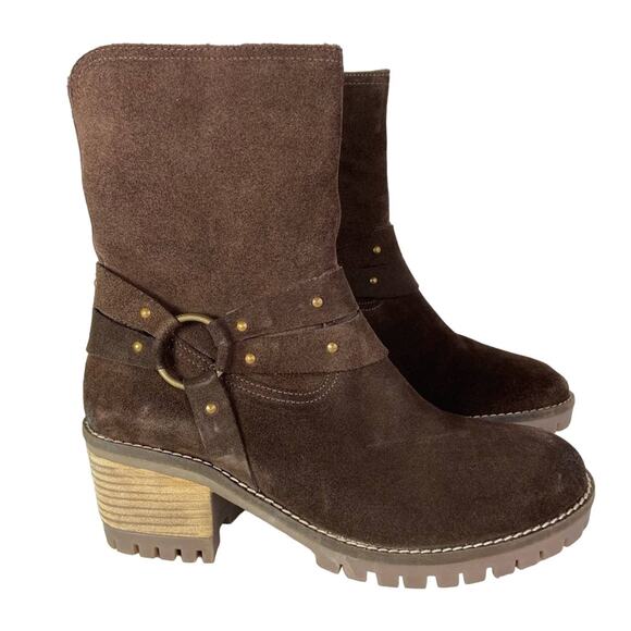 NEW The Foundry Supply Co. Sienna Heeled Chunky Boots Brown Suede Harness Size 8 - Picture 1 of 12